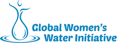 stylized drop of water in the shape of upstretched hands, words, Global Women's Water Initiative